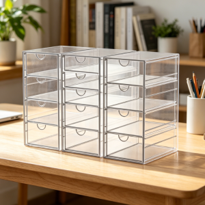 Multi-drawer transparent desktop storage cabinet, dual-use plastic storage bin for cosmetic finishing and office sundry classification, fits vanity and bathroom storage scenarios