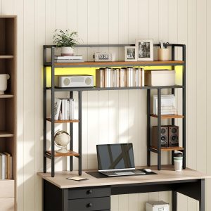 Multi-grid layered desktop overhead storage cabinet fitted with ambient light strip, large-capacity book and equipment storage rack for study and home office finishing