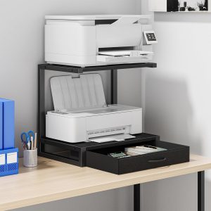 Double-layer desktop equipment supporting rack fitted with fabric pull-out compartment, multi-functional storage platform to place printers, scanning devices and assorted office equipment