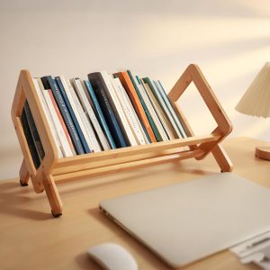 Slant design bamboo desktop book organizer, open tabletop storage shelf for books, documents and disc collection, applicable across study, office and household spaces